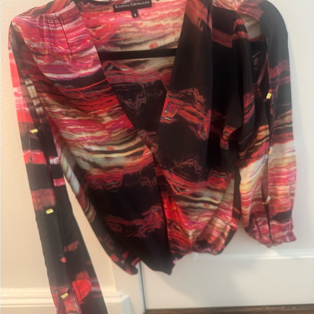 Karina Grimaldi Red and Black Asymmetrical Wrap Blouse